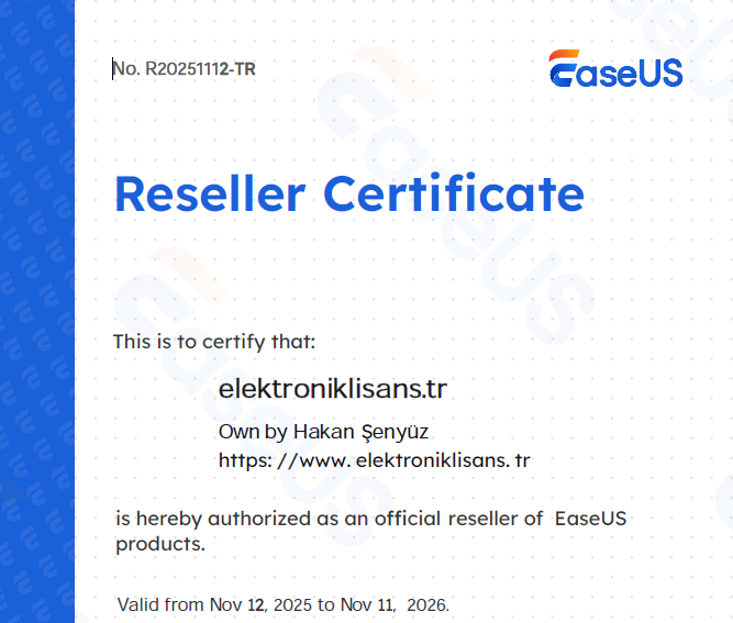 Elektroniklisans.tr EaseUS Yetkili Satıcı Yetki Belgesi