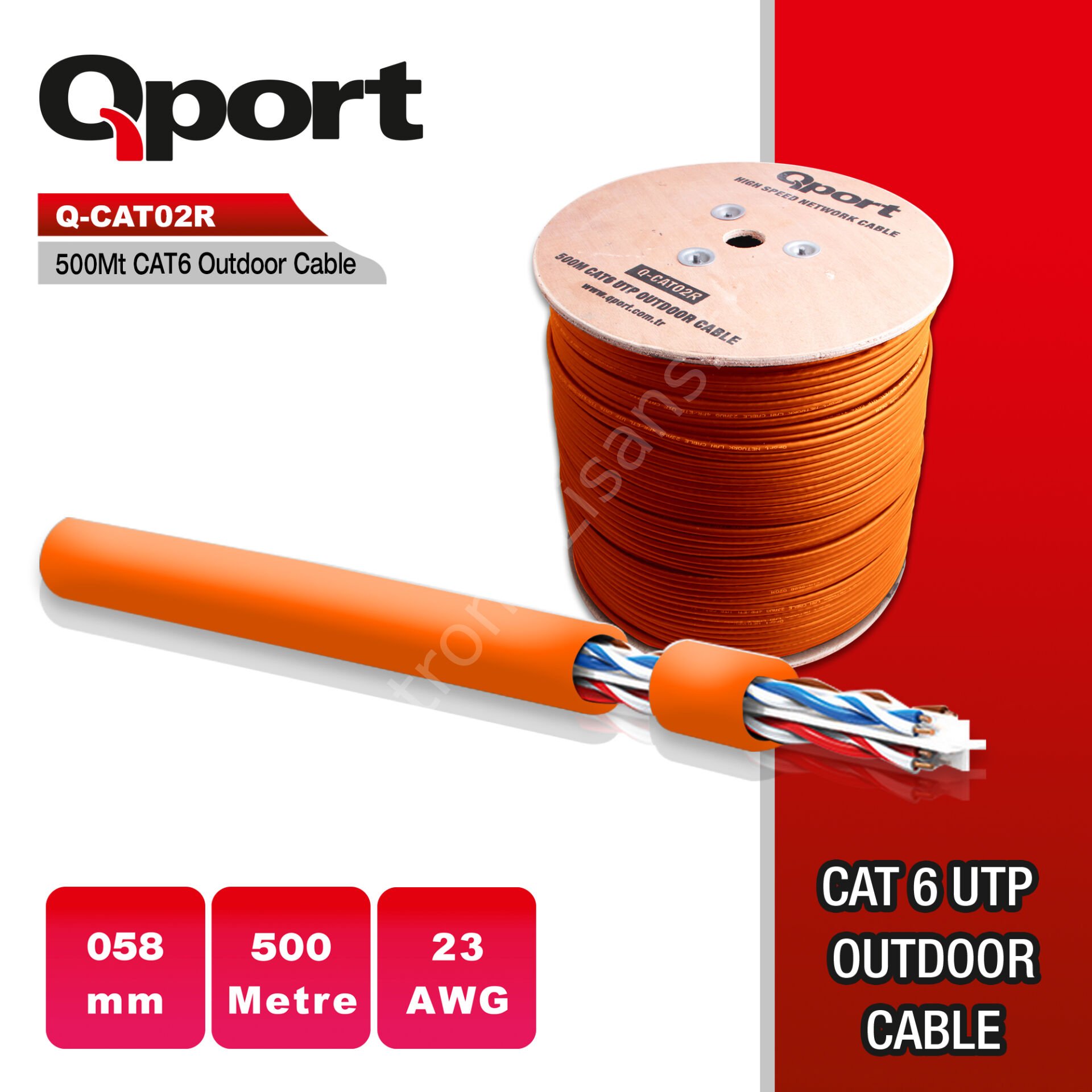 Cat6 500M Outdoor Turuncu UTP 23AWG Kablo (Q-CATO2R)